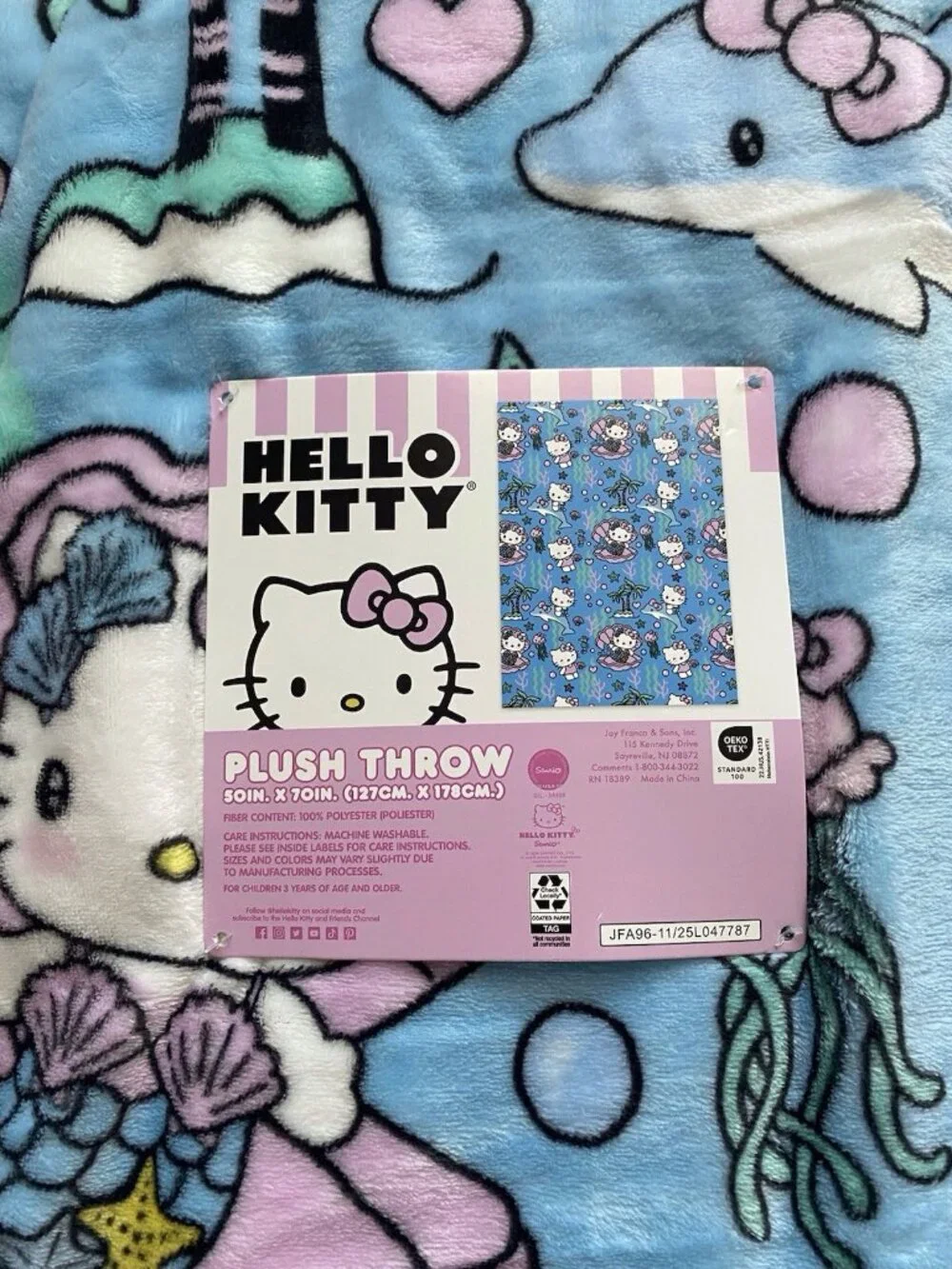 Hello Kitty Mermaid Dolphin Jellyfish Soft Throw Blanket Blue Pink 50” X 70” NEW